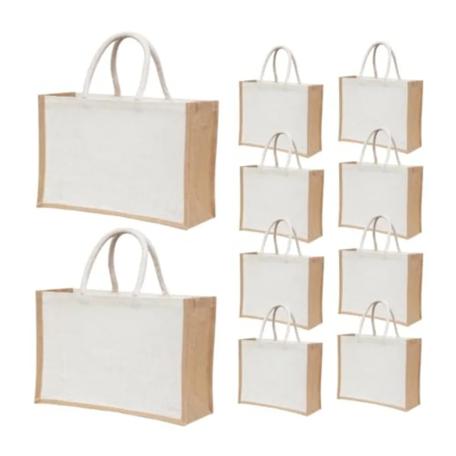 

10 Pack Reusable Jute Burlap Tote Bags, 15.8X11.9X5.9 Inch, Eco-Friendly Shopping and Beach Bags with Handles Bridesmaid Gift T