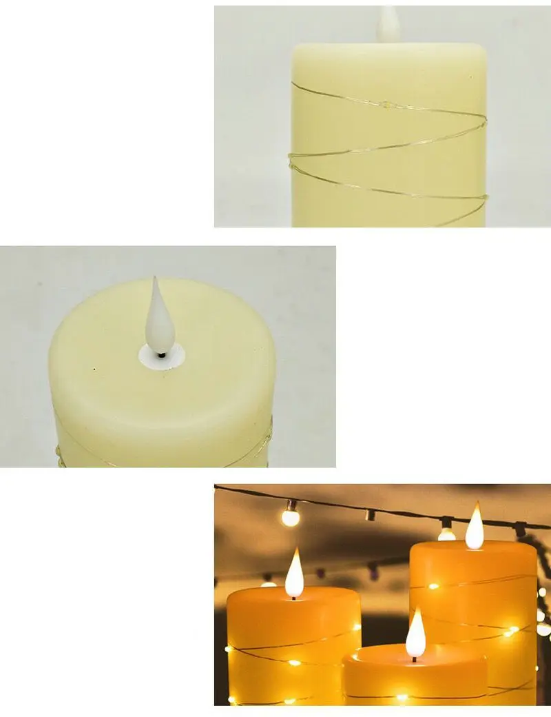 Pack of 3 Led Candle embedded Fairy String Lights Electric Flickering candle Remote Controlled w/Timer Paraffin 3D wick Table De