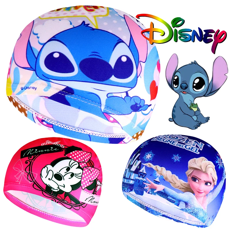 Disney Stitch Children's Swimming Cap Mickey Cartoon Swim Pool Hat Anime Water Sport Protect Ears Hat Bathing Caps 1-8 Years Old