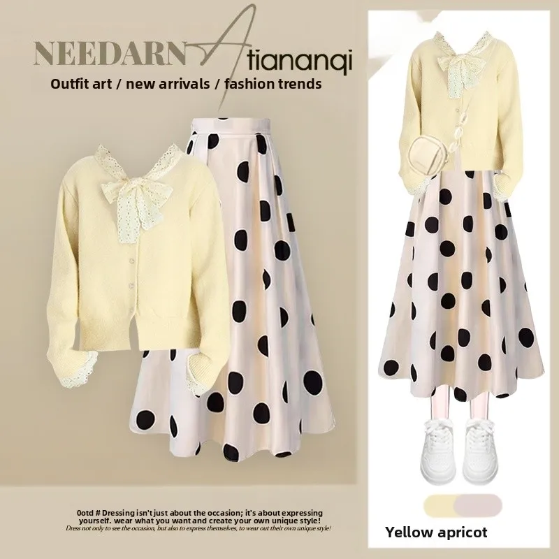 

Модный комплект из топа с кружевной отделкой и юбки в горошек для женщин: элегантный, стройнящий дизайн, идеально подходит для осеннего гардероба.