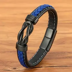 XQNI Irregular Design Blue Leather Bracelet for Men Charm Stainless Steel Magnetic Clasp Bangle Gift for Dad Friend Jewelry