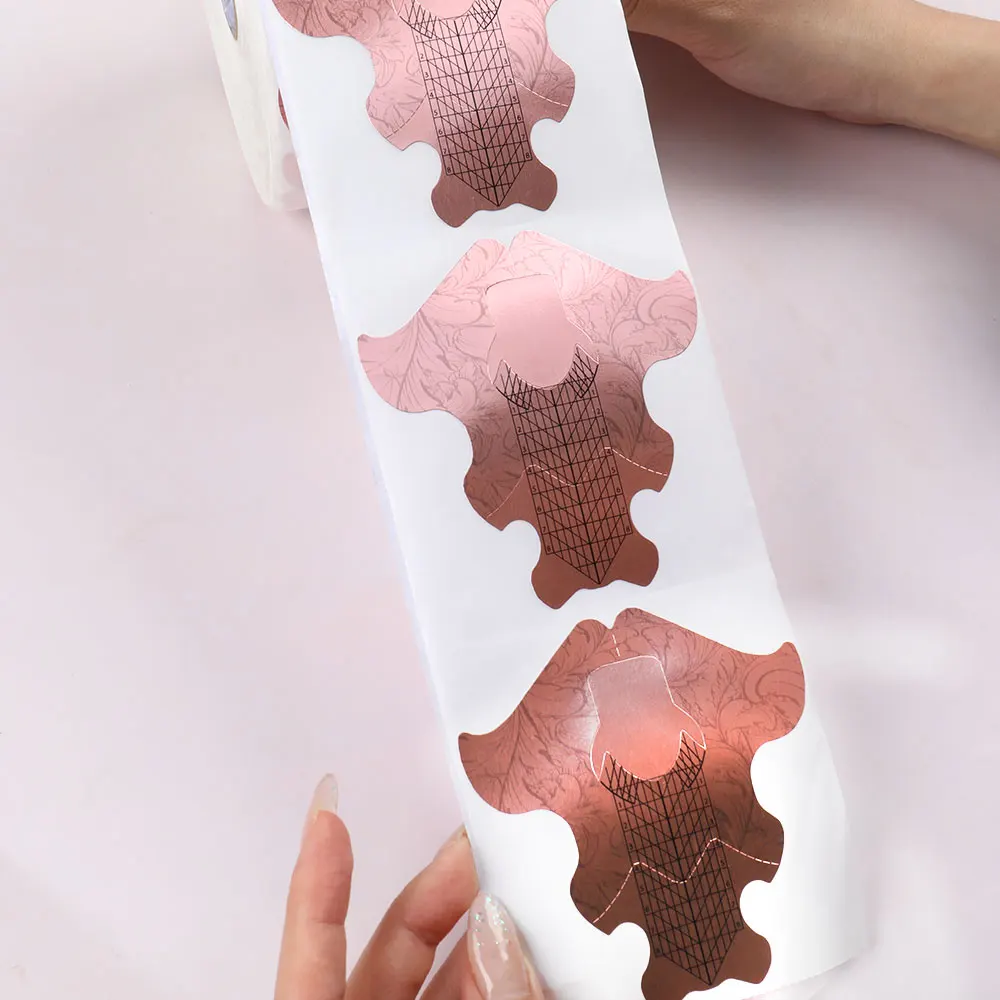 Custom Logo 300Pcs Rose Gold Paper Roll Nail Extension Guide Stickers Aluminum Nail Form Tool