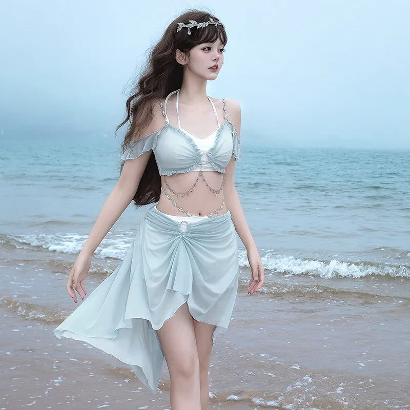 Japanese Cute Swimsuit Lolita Girl Split Swimsuit Women's Coquette Y2K 2-Piece Outfit Ruffled Halter Crop Top Draped Mini Skirt