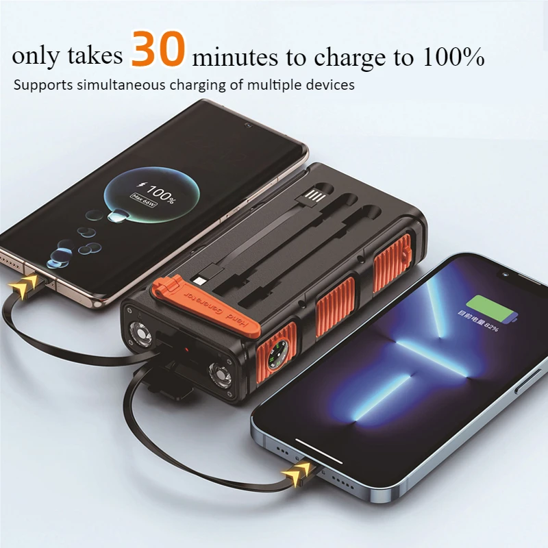 30000mAh Solar Power Bank PD 20W Fast Charging  Bulit in 4 Cable and Camping Light for IPhone Samsung Xiaomi Powerbank