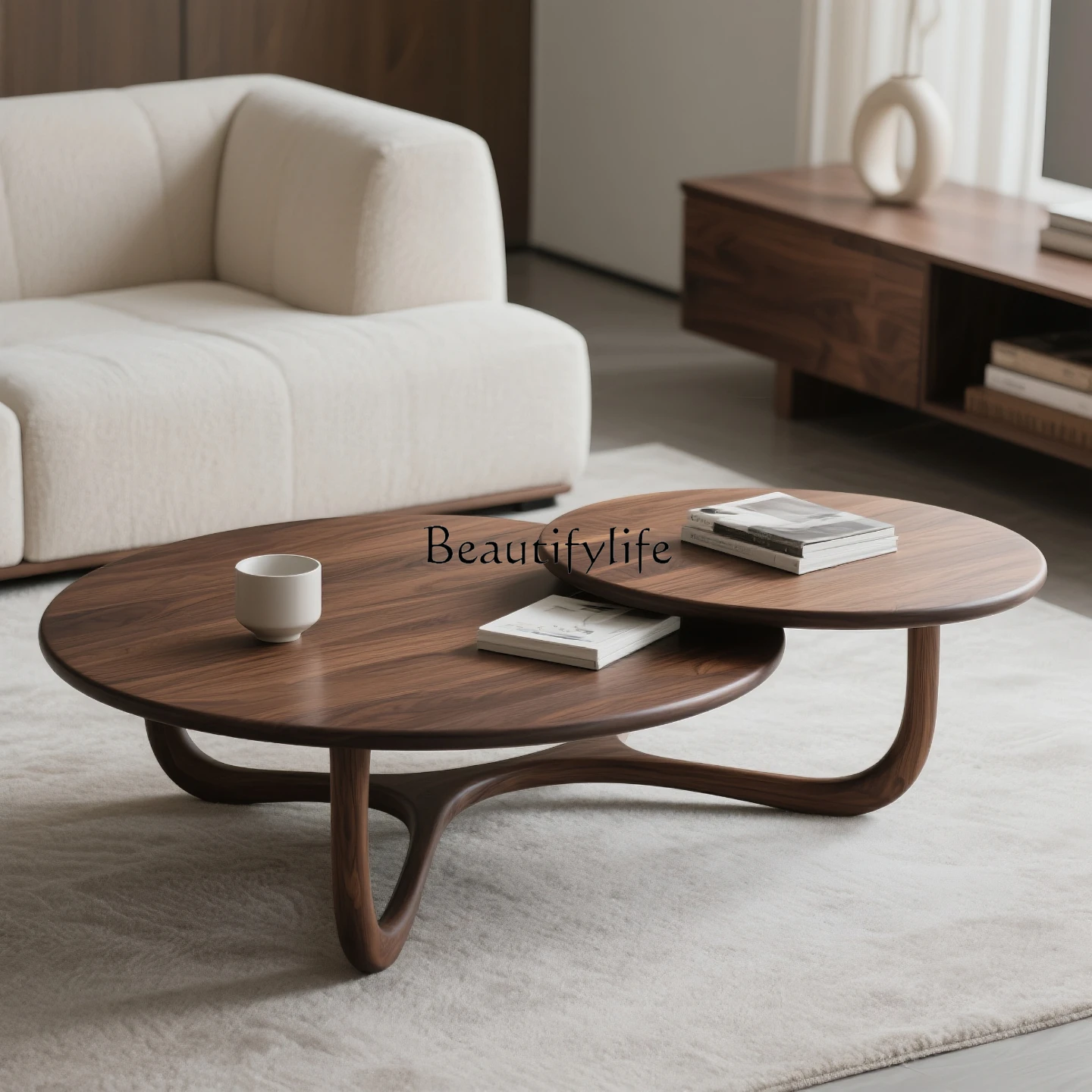 

Vintage Style Solid Wood Coffee Table Set Round Black Walnut Living Room Home Cream Style Tea Table