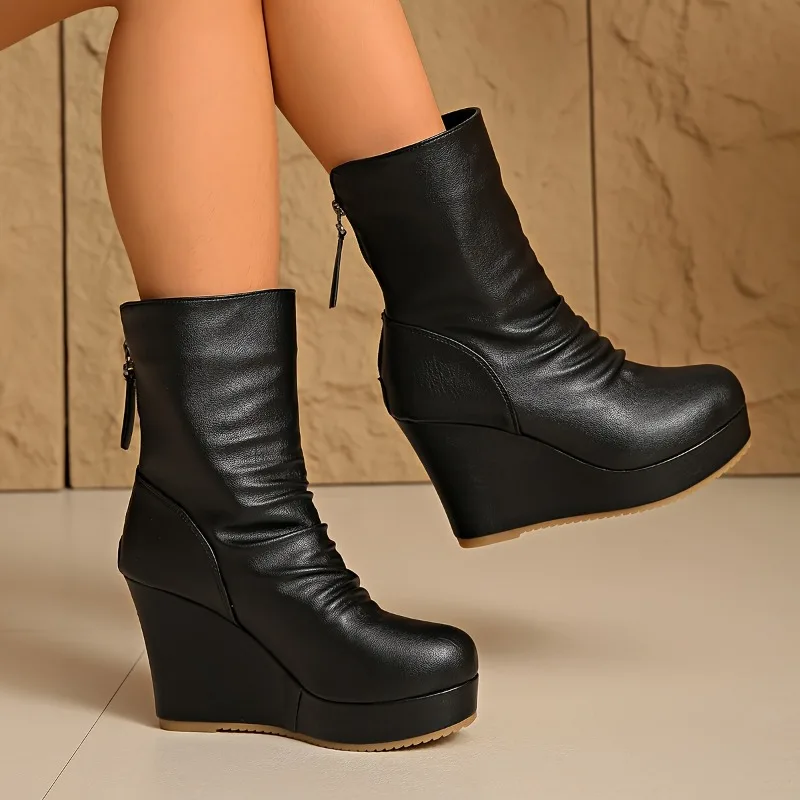 المرأة منتصف العجل أسافين أحذية الشتاء موضة جديدة حذاء كاجوال المرأة أنيقة عالية الكعب جولة تو منصة حذاء أسود النساء