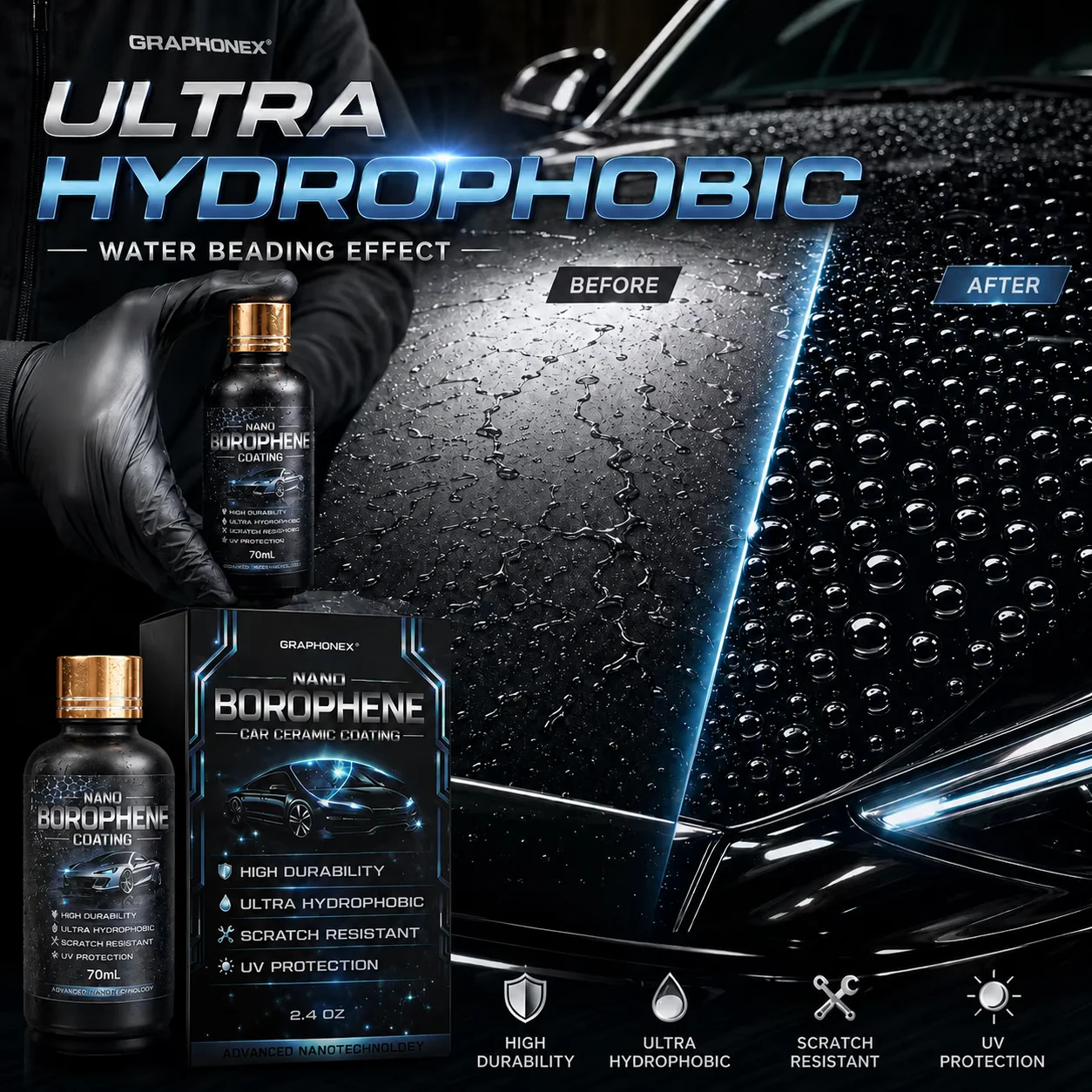 Nano Borophene Car Ceramic Coating – Ultra-Hydrophobic, Scratch Resistant, UV Protection (2.4 OZ)