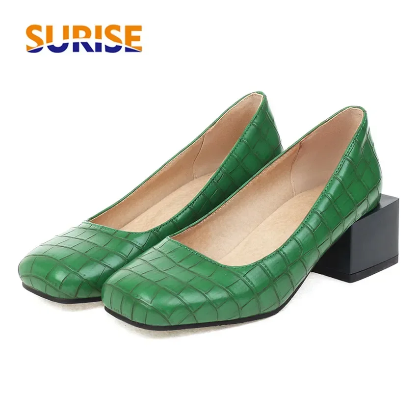 Spring Women Pumps Blue Red Green Crocodile Leather High Block Heels Party Dress Office Lady Slip-on Square Toe Shoes Plus Size