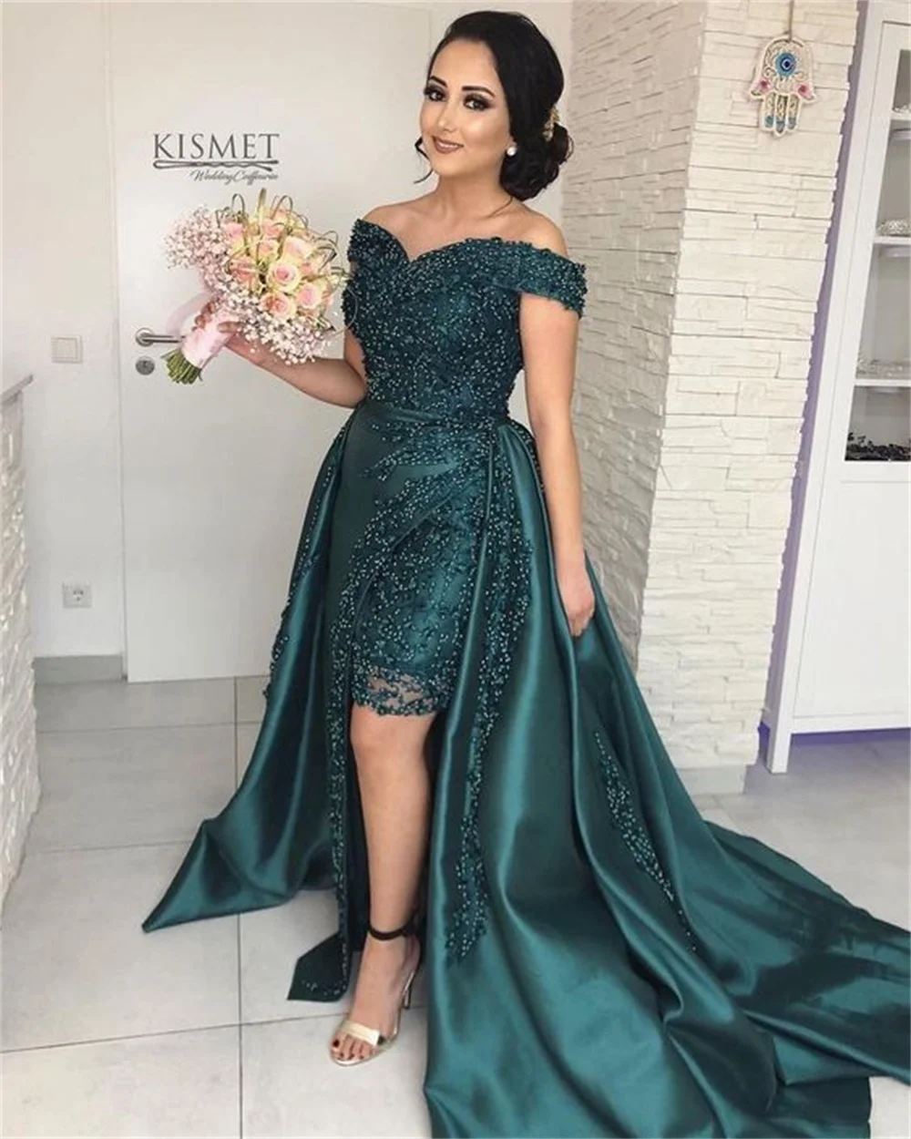 Sansa Green Satin Off the Shoulder Party Dresses Floor-Length Evening Dress A-Line Pleats High-Low vestidos de fiestas 2024