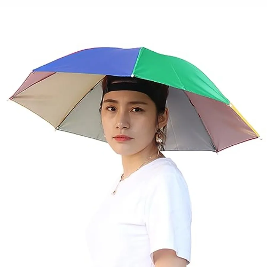 

Umbrella Hat for Adults and - 27" Hands-Free Rain and Sun Protection, Colorful Rainbow Design for Fishing, Hiking, Beach, Golf,