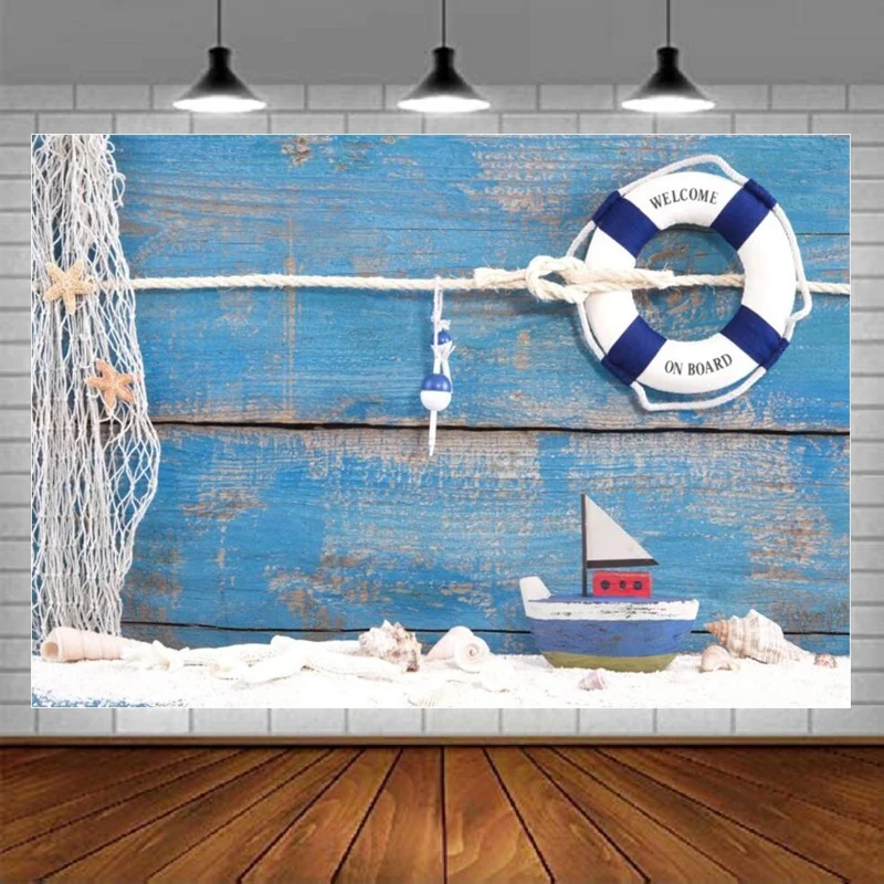 Nautical Style Photography Backdrop Mariner Seafaring Background Wood Board Ship Life Buoy Shell Boat Kid Sailor Baby Portrait