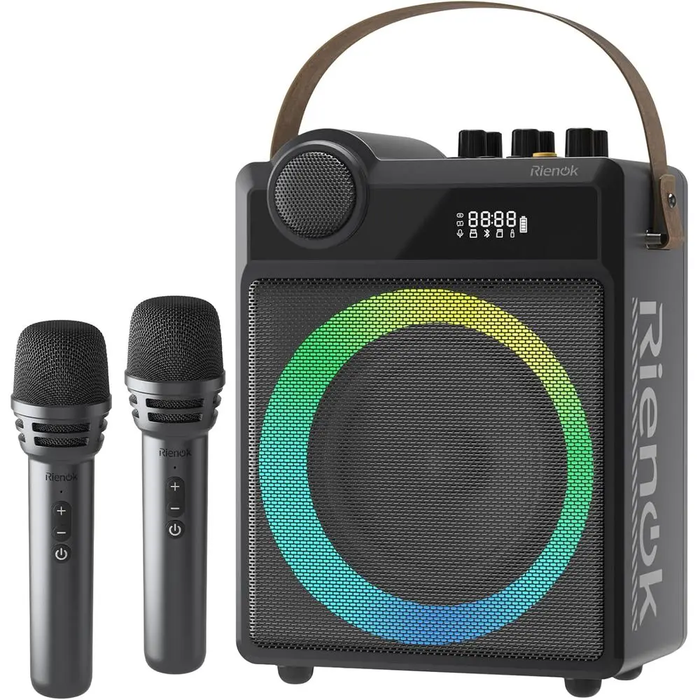 Portable 100W Voice Amplifier with 2 Wireless Microphones, Bluetooth PA System for Karaoke with BT/USB/TF Card/Aux/Guitar Input