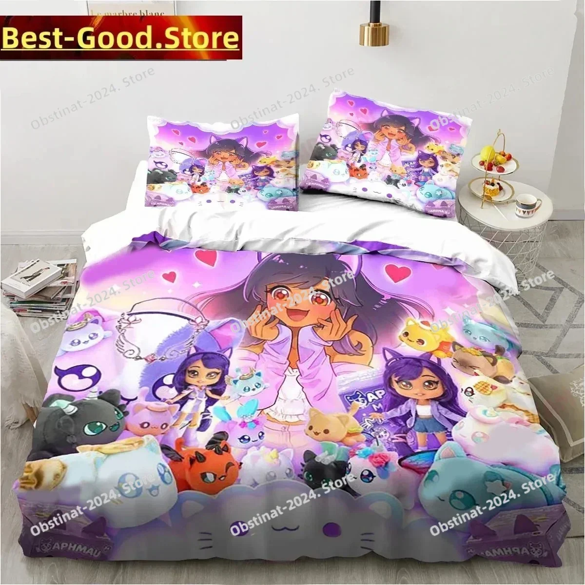 Cartoon Game Cute Aphmau with Wings Printed Bed Set Duvet Cover Pillowcase Bedding Set Linen Sheet Quilt Cover Full Queen Size