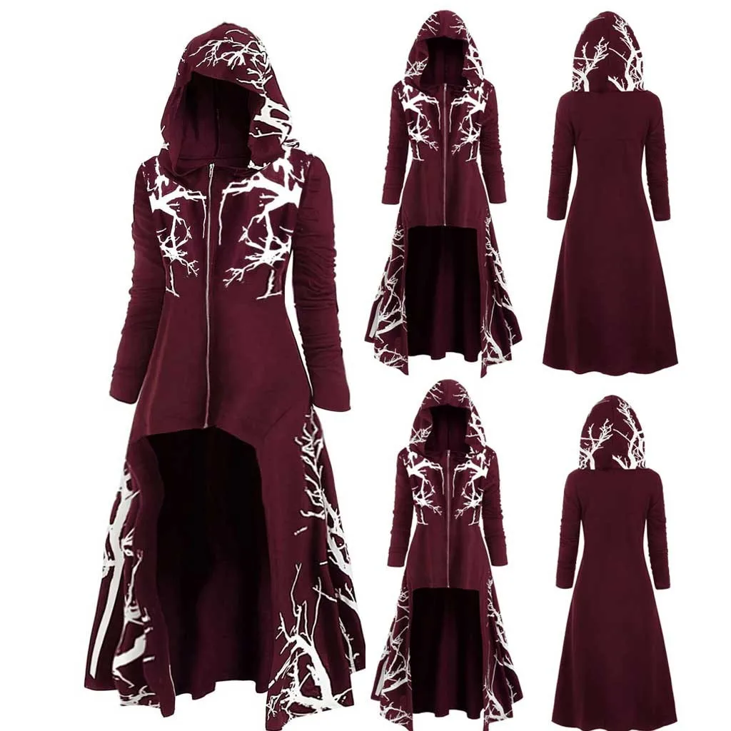 Womens And Men Hooded Cloak Halloween Dress Plus Size Tree Print High Low Printed Coat Blouse Tops Party Zipper Cloak Costumes