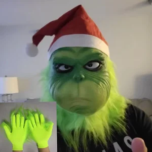 قناع وحش الرعب الأخضر مع قبعة سانتا الحمراء للبالغين ، آر بي جي لطيف ، دعائم حفلة الهالوين ، قناع اللاتكس الأخضر أفضل 9 قناع دمية شرير للمبيعات - رقم 7
