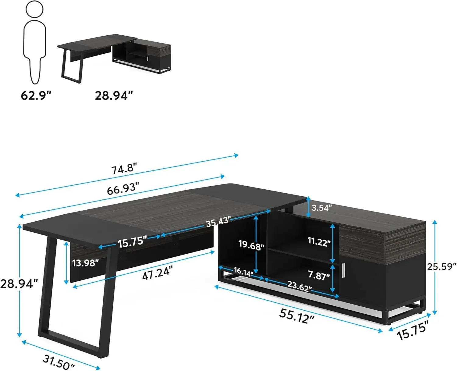 74.8” Executive Desk and 55” Lateral File Cabinet,, Home Office Furniture Desk Set Business Furnitur