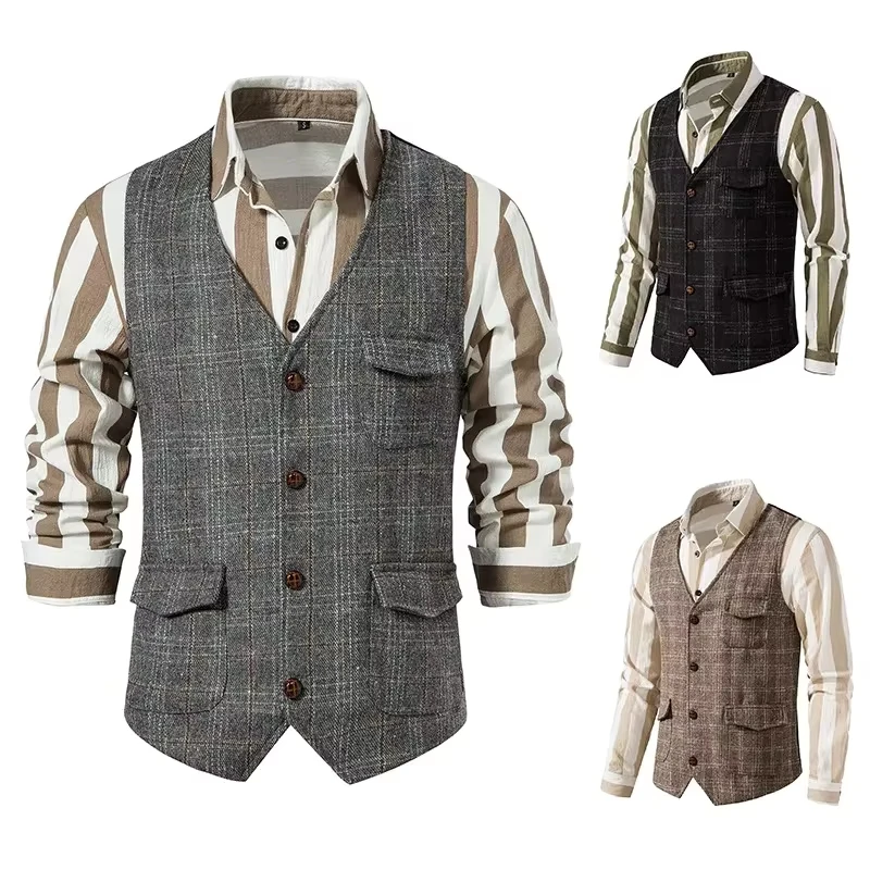 Men's Plaid Tweed Vest Vintage Single-breasted Waistcoat Top England Style Suit Vest Men's Casual Business Party Tops Vests
