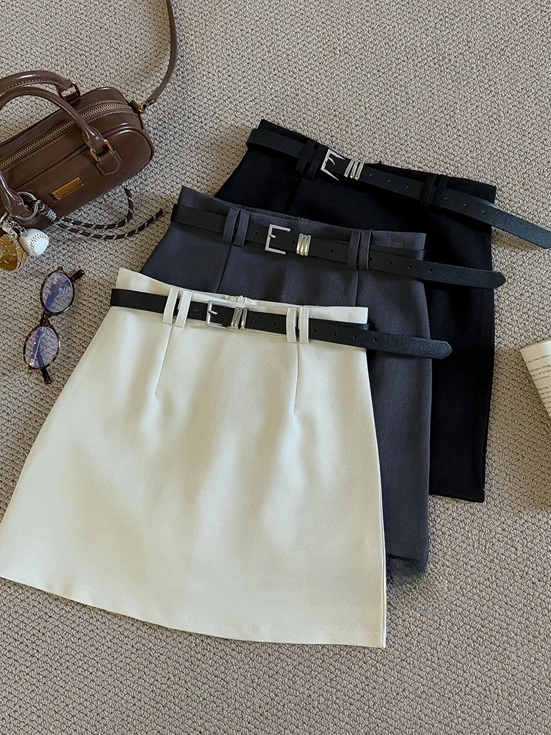 

Simple Elegance Pure Color Suit A-Line Skirt with Belt Anti-Light Spring New Women's Faionable f-length Skirt