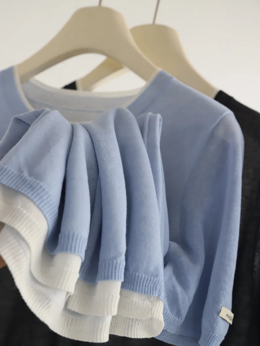 Dave&di Double Layered Round Neck Short Sleeved Straight Knit Top With Contrasting Colors, Women's Summer New Style