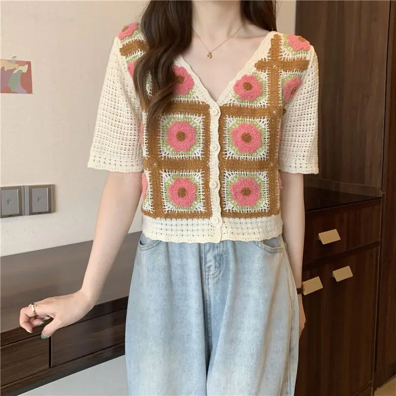 Women Vintage Kawaii Sweet Hollow Crochet Flower Chic Y2K Tops Summer Female Short Sleeve Slim Single Breasted Knitted Cardigans