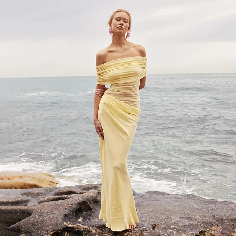 Elegant Chic Off Shoulder Pleated Dress Women‘s Sexy Sleeveless Hollow Out Backless Maxi Dress 2025 Summer Fashion Party Evening