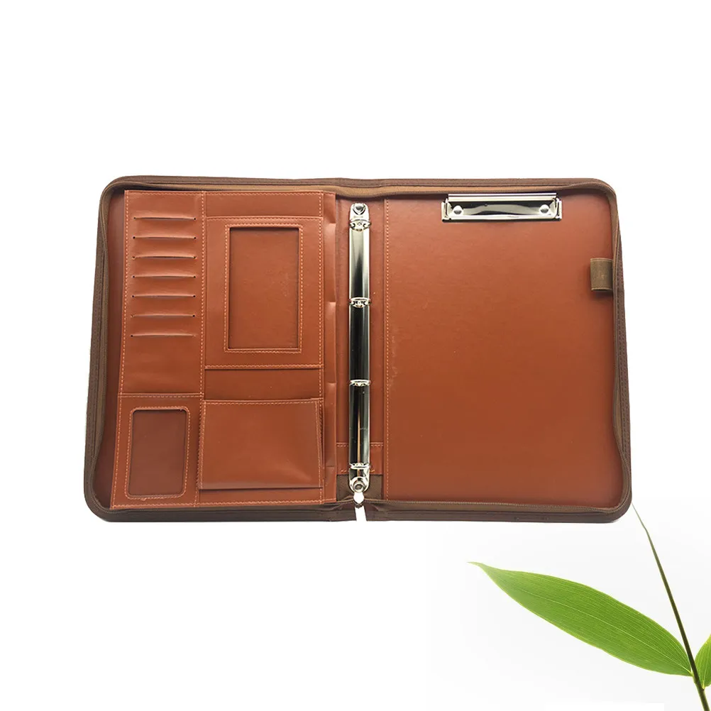 

A4 Brown Pu Zipper Portfolio Multifunctional Business Office Organizer With Calculator Pen Loops Accessory Pockets