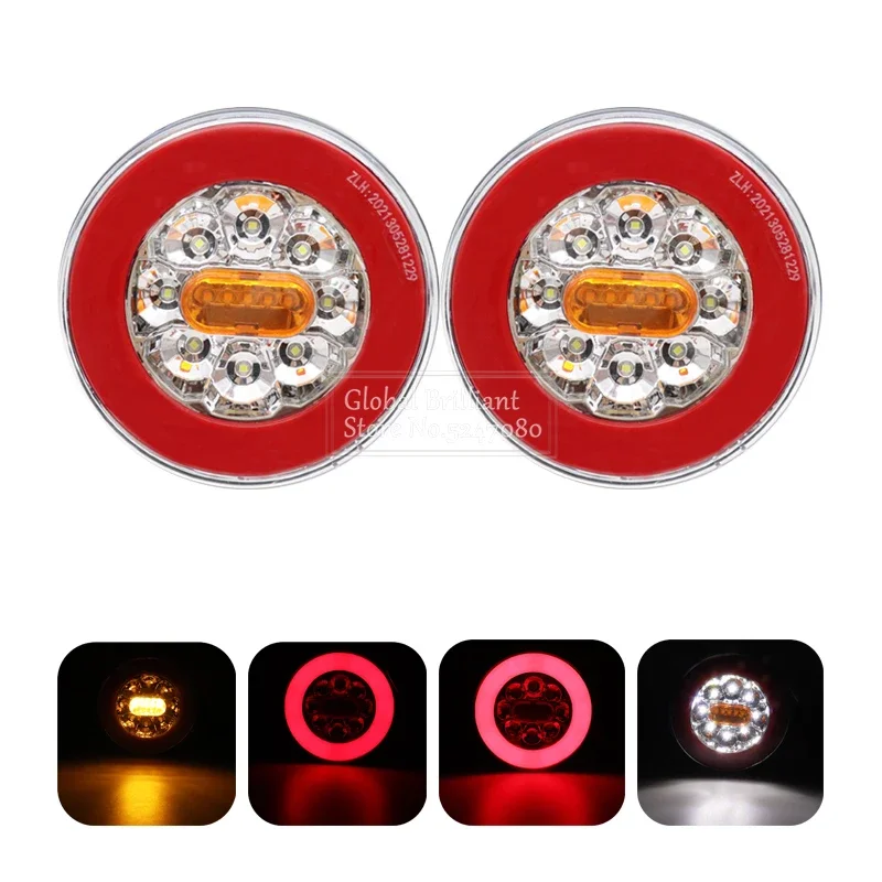 2Pcs Truck Taillight Reverse Brake 4in1 Dynamic Tail Trun Signal 12-24V Reverse Lamp Round Tail Lights Car Trailer Lorry RV Bus