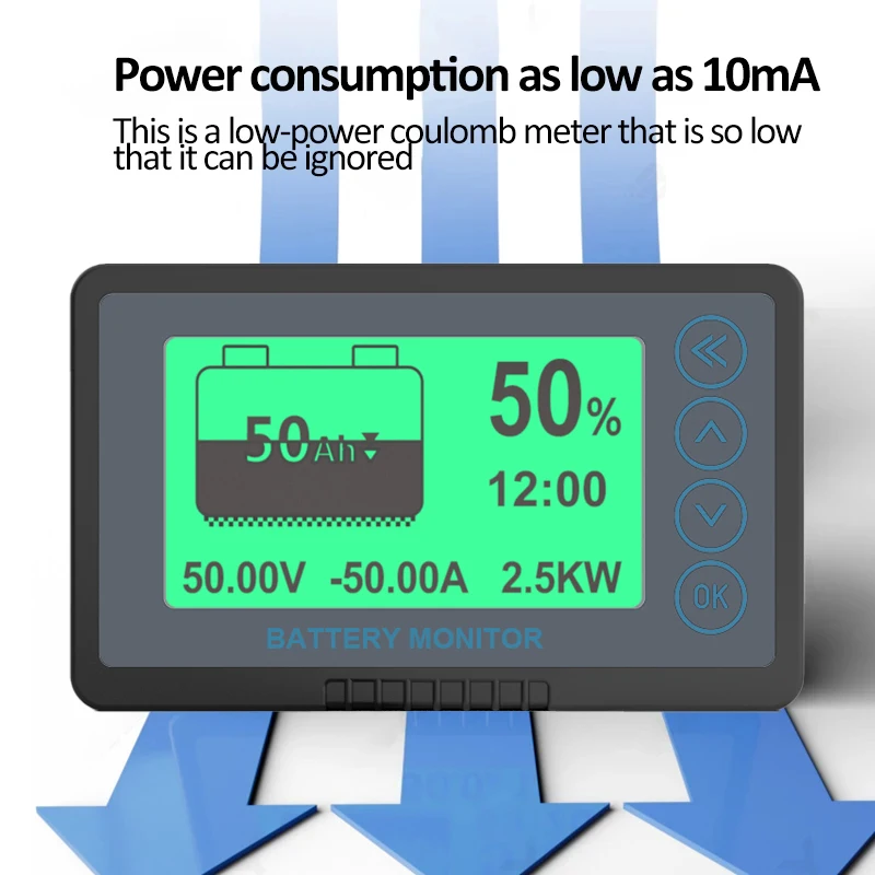 500A Battery Coulometer Battery Capacity Tester, Battery Monitor with shunt, programmable high and low voltage alarm. Compatible