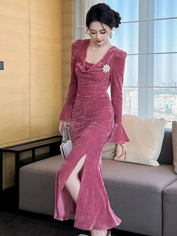 Retro Elegant ชุดยาวผู้หญิงหวานเซ็กซี่พัฟแขนพับ Bodycon Slit Robe หญิงชุดราตรี Vestidos Catwalk ชุด