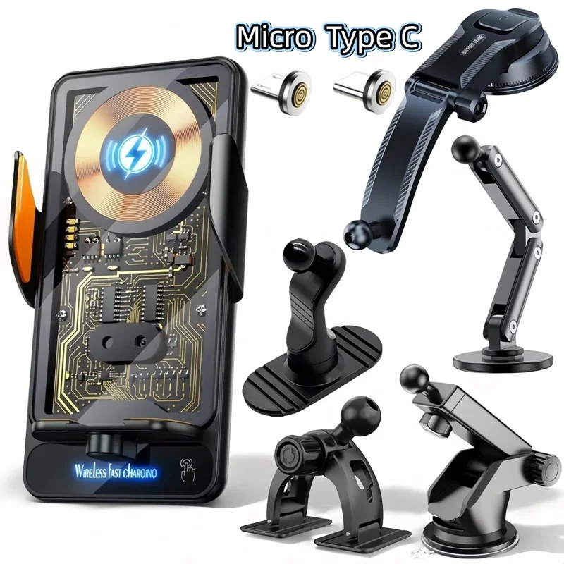 U9 15W Universal Car Phone Wireless Charger Holder One Hand Operation Mount for Samsung S25 Iphone 17 16 15 14 13 12 11 Pro Max