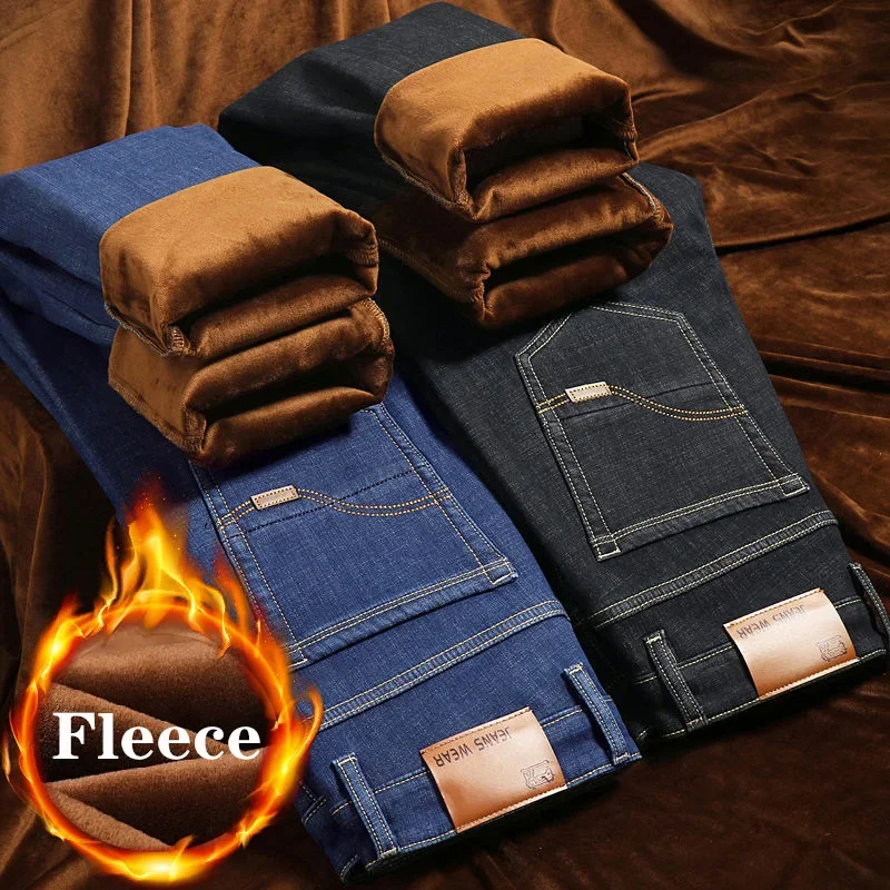 2026 New Brand Autumn Winter Warm Flocking Denim Soft Man Activities Fleece Line Men Jeans Black Blue Grey Colors