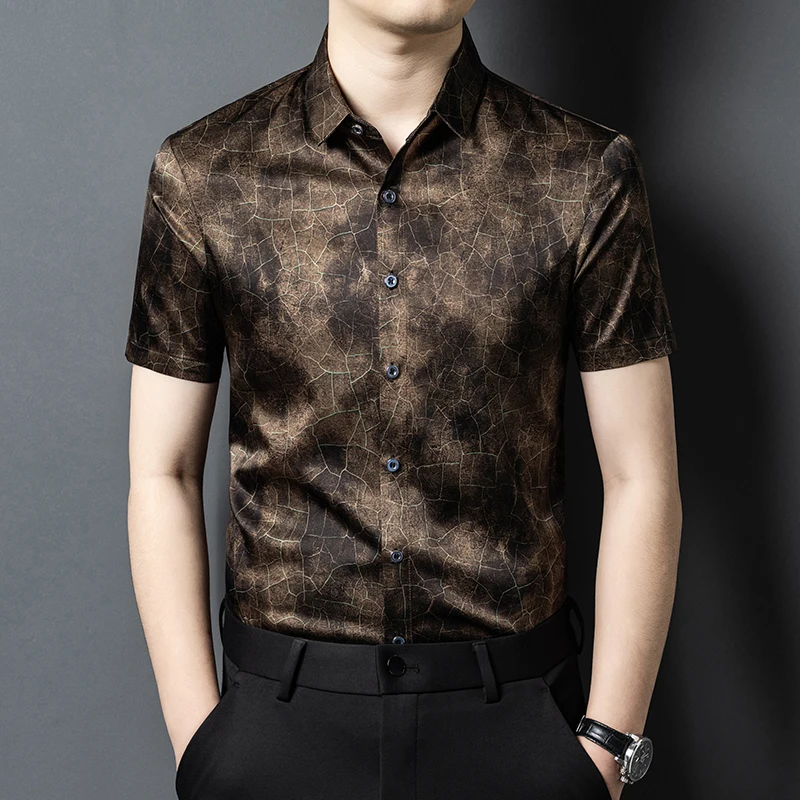 

Crack Printing Mulberry Silk Shirts For Men Short Sleeve Coolness Summer High Quality Smooth Comfortable Easy Care Chemise Homme