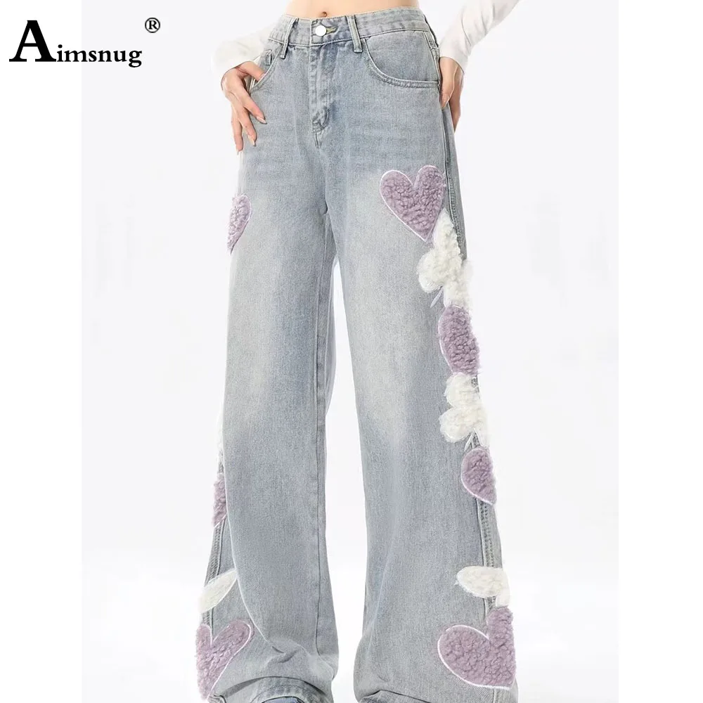 2024 High Cut Appliques Jeans Sweet Love Demin Pants Women Vintage Full Length Female Demin Pants Fashion Straight Leg Trousers