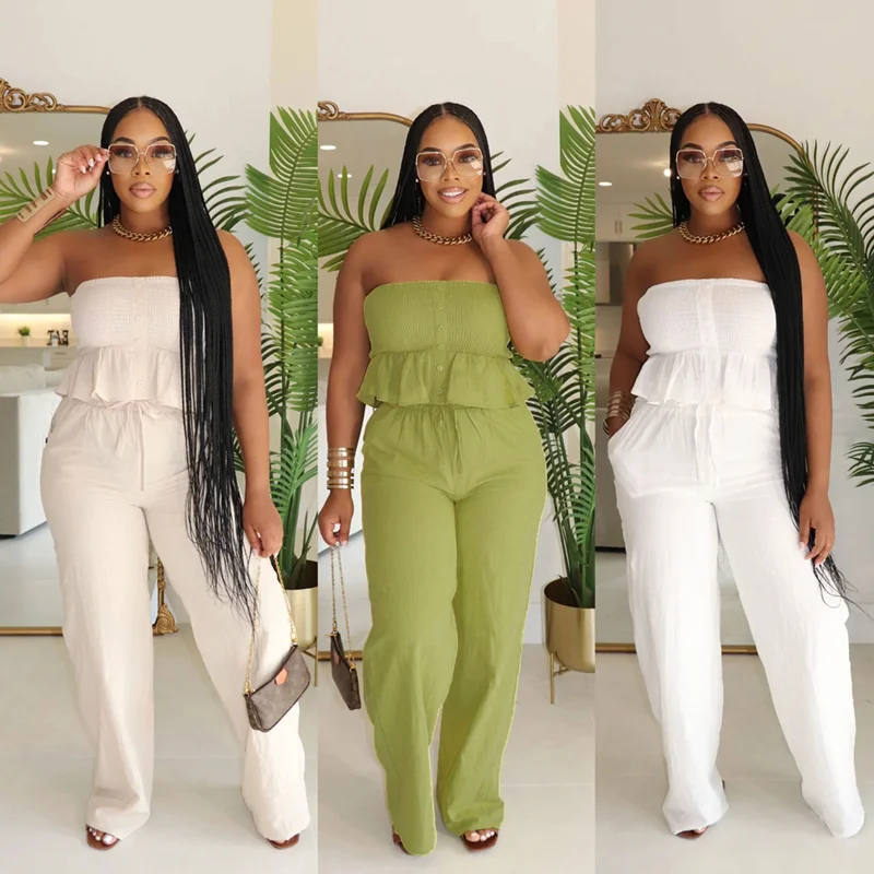 Summer Women's Set Off Shoulder Elastic Wrapped Chest Top Folded Drawstring Straight Leg Pants Cotton Linen Two Piece Set