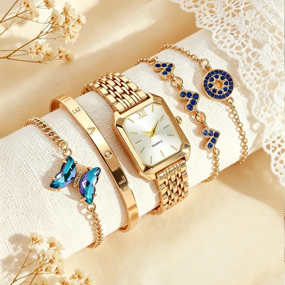 5Pcs Square Quartz Wrist Watch Jewelry Set Blue Crystal Butterfly Heart Bracelets Bangle for Women Fashion Jewelry Gift