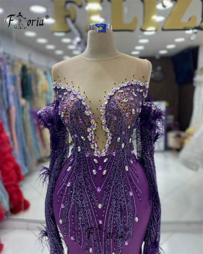 Vestido de noite roxo frisado sereia para mulheres, xale longo, vestidos de festa muçulmanos, Oriente Médio, luxo, ocasião formal