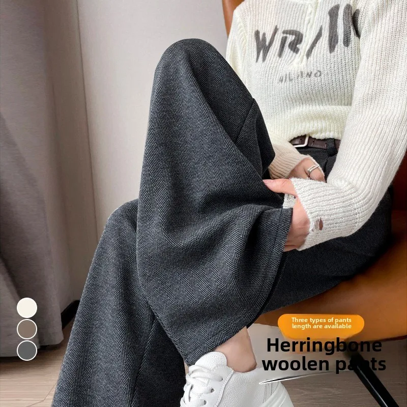 ارتفاع الخصر صوف مبطن بنطال ذو قصة أرجل واسعة الخريف الشتاء نمط جديد بناطيل كاجوال المرأة الطابق طول السراويل نمط المدينة #4