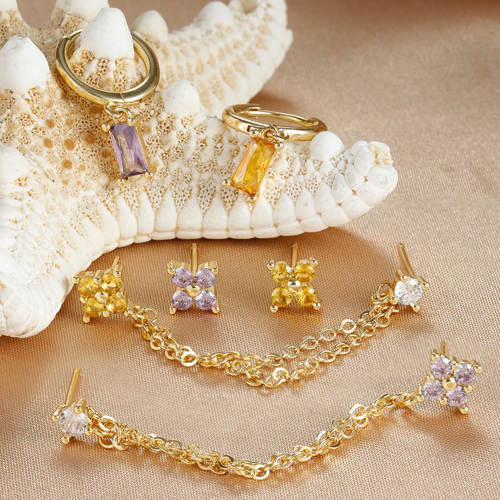 3PCS Trendy Cubic Zirconia Flower Tassel Chain Stud Earrings Set for Women Tiny Geometric Crystal Multiple Ear Piercing Huggies