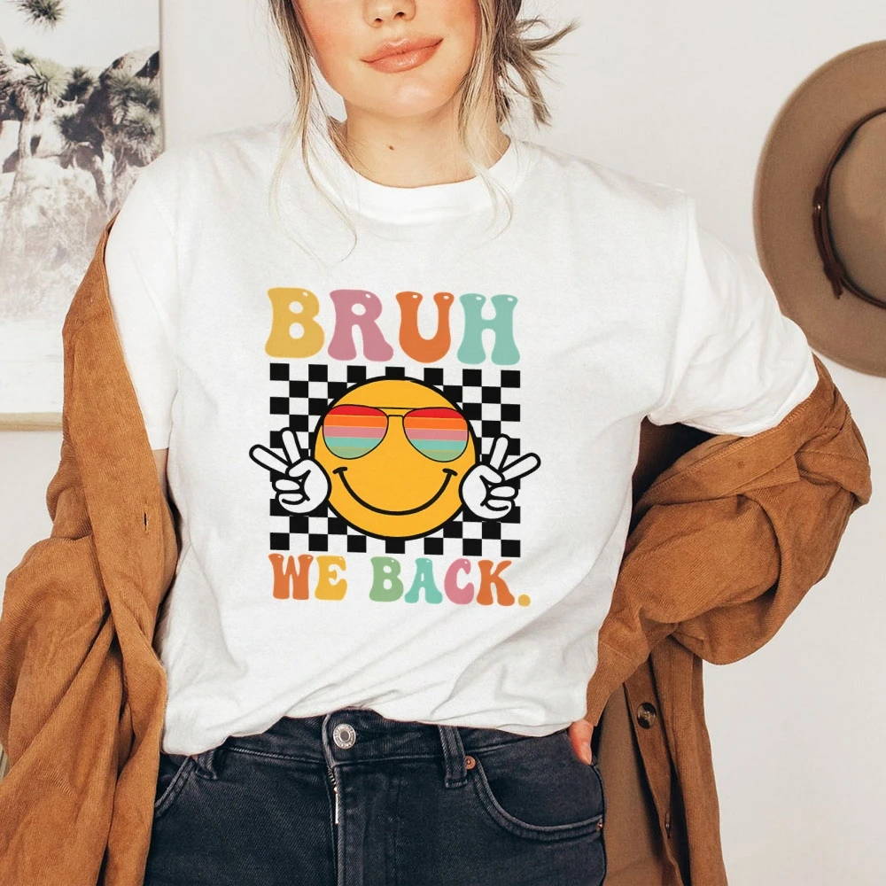 

Bruh We Back Cotton T-shirt - Retro Style Funny Graphic Tee - Back To School Shirt, Unisex Casual Top -Gift for Hipsters