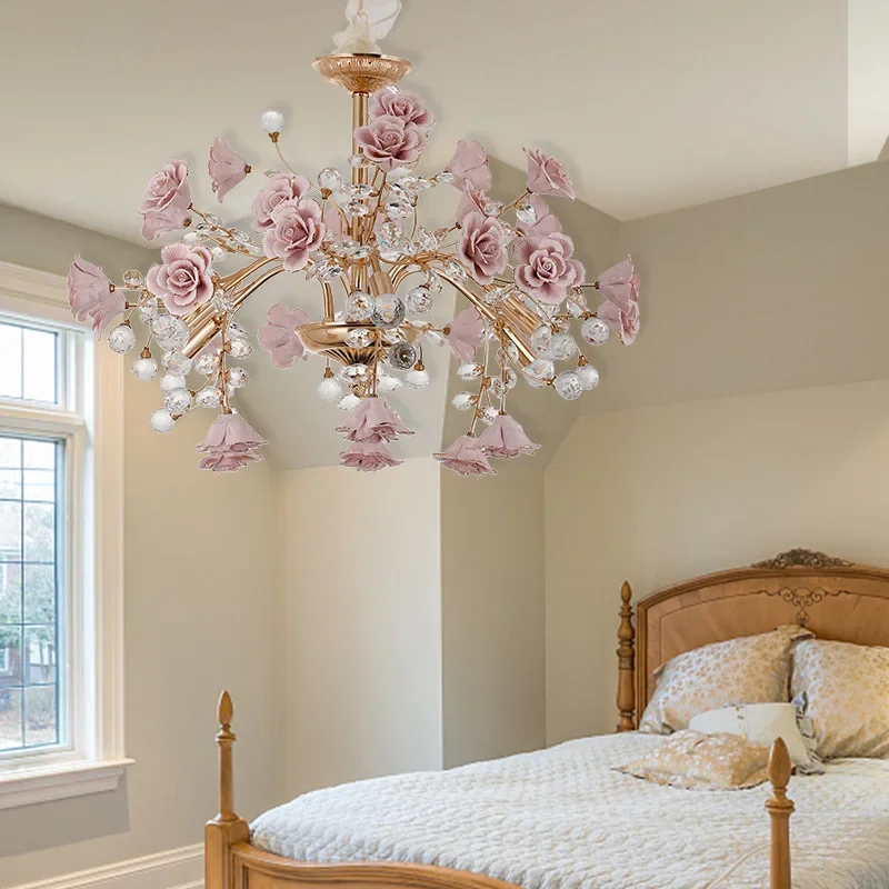 Bedroom light luxury crystal chandelier European style branch peach powder ceramic lantern court rose  new year decorative