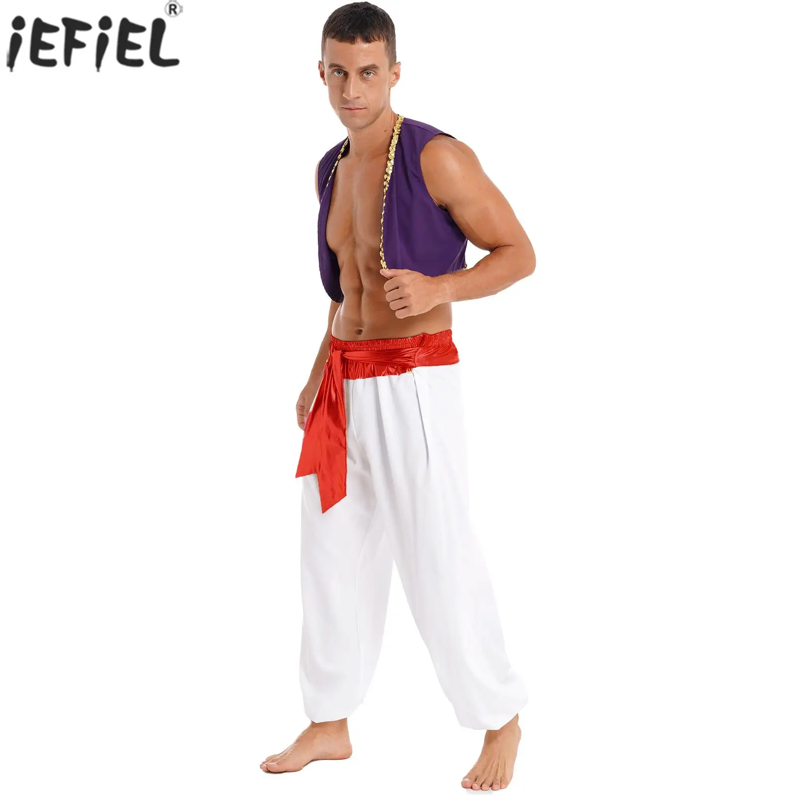 

Adult Men Arabic Indian Prince Cosplay Outfit Carnival Holiday Stylish Waistcoat with Belted Pants for Halloween Party Festival