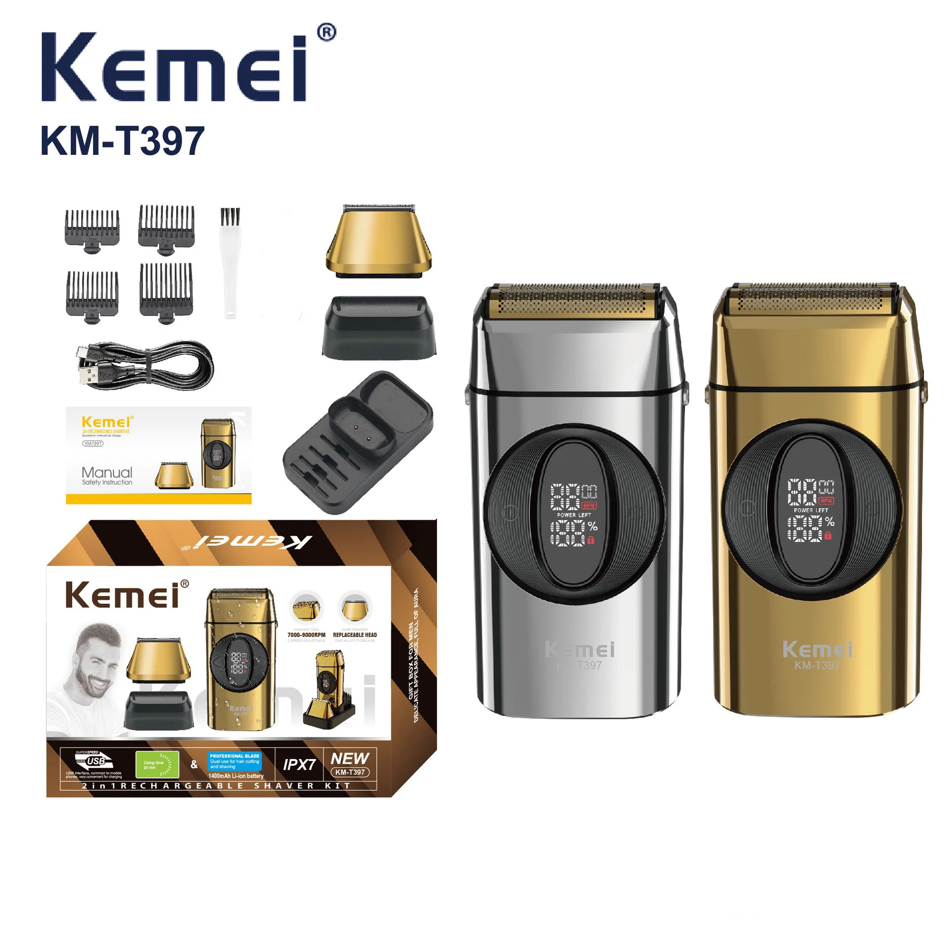 Kemei T397 2 in 1 Barbershaver and Hair Trimmers Combo IPX7 Beard Trimmer Metal Electric Razor 10000RPM Shaving Machine for Men