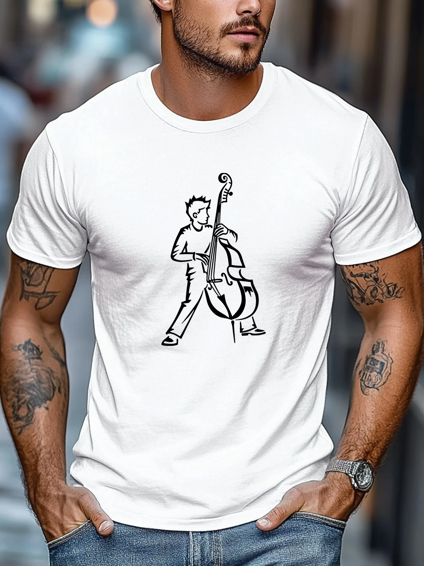 Men Black Crew Neck Tee White Line Art Rock Musician Playing Double Bass Upright Cello Jazz Band Performer Soft Cotton Male Tops
