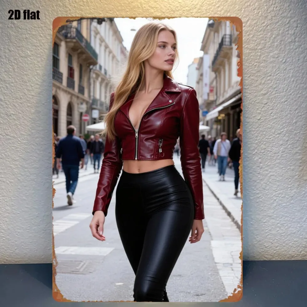 2D 1PC Retro Red Biker Jacket Tin Sign – Vintage Wall Art, Durable Metal Decor for Living Room, Pre-Drilled Holes, 8x12 Inch