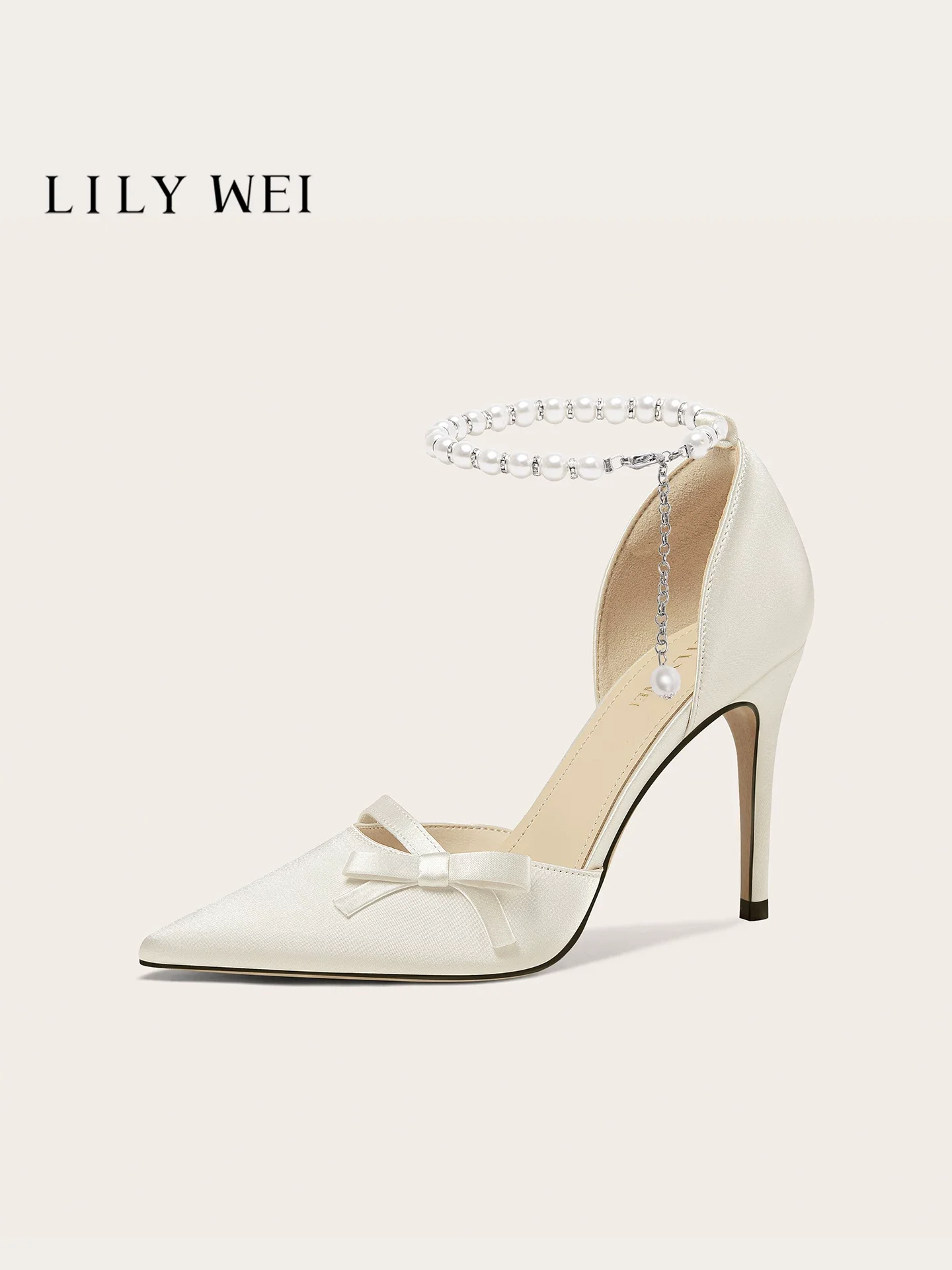 Spring and summer new pointed hollow silk bow pearl wedding shoes banquet large size small size widened high heels women sandals