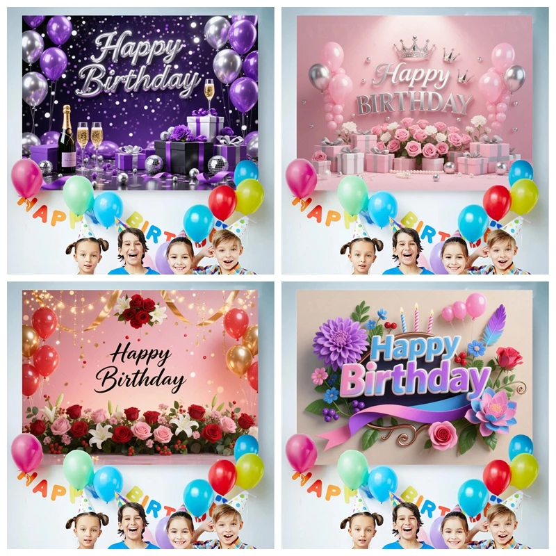 

Happy Birthday Photo Booth Backdrop Colorful Floral Balloons Theme Outdoor Home Celebration Garden Room Decor Custom Props