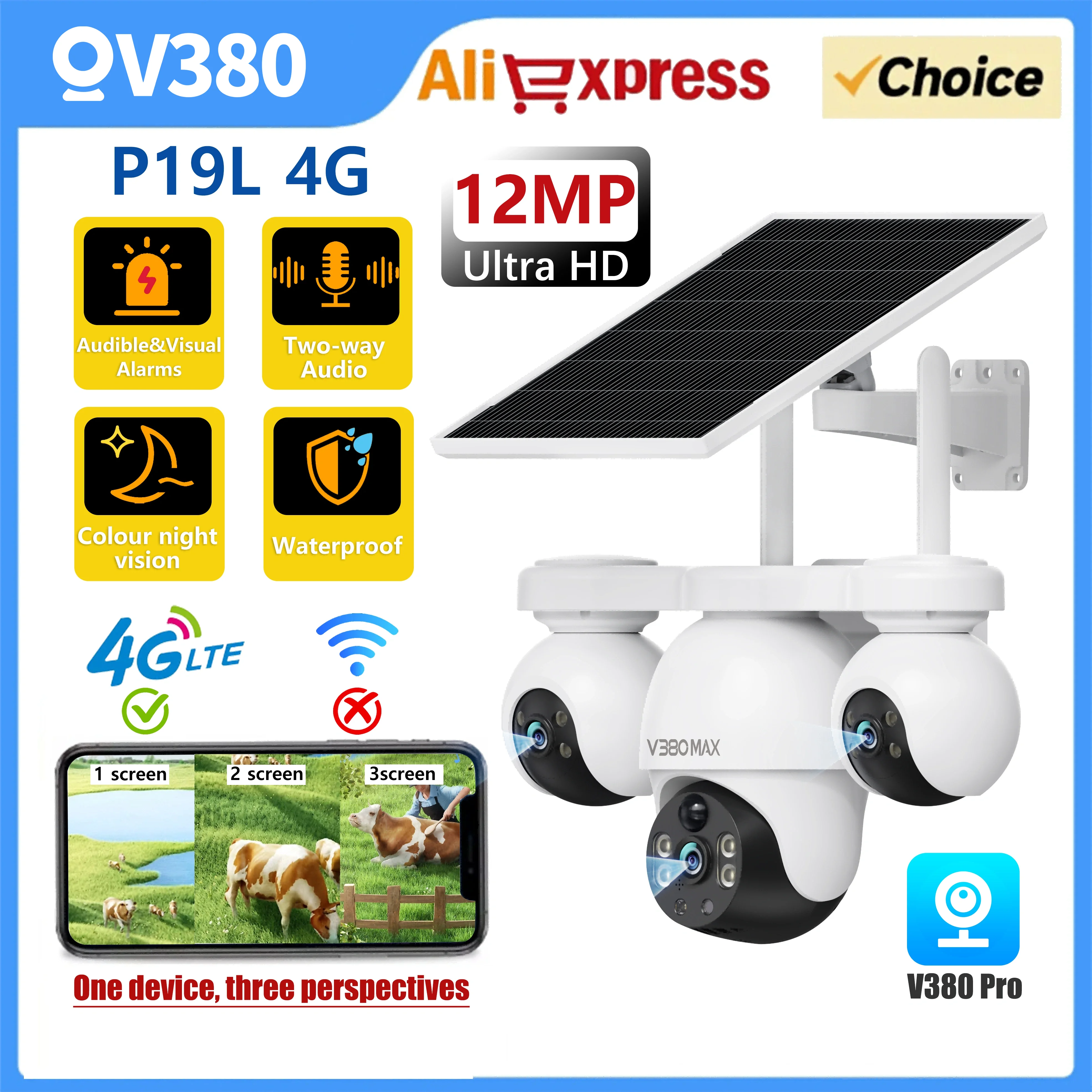 12MP V380 PRO 4G Solar-Powered Security Camera 360° View Full Color Night Vision No WiFi Needed Remote Monitor