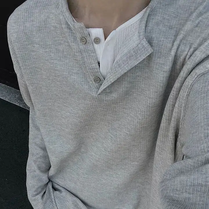 Men Henley Long Sleeve T Shirt Spring Fake Two Piece Fashion Casual Harajuku Basic Oversized All-match Clothing Daily Black Grey