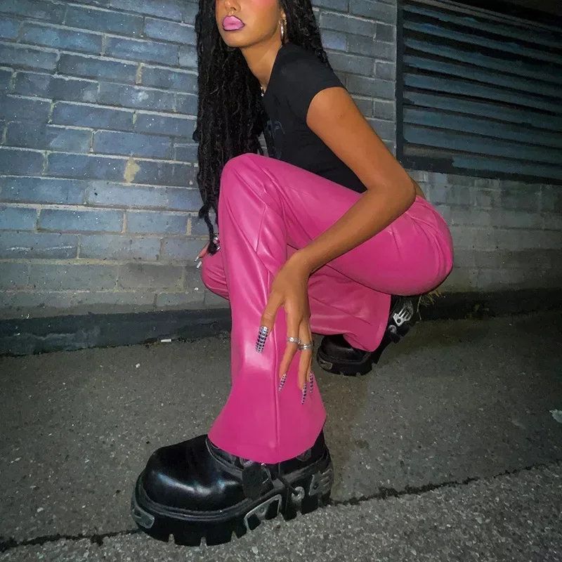 Sexy Low Waist Faux Leather Flare Pants Women Vintage Disco Pink Bell-bottom Pants Ladies High Street Black Trousers Clubwear
