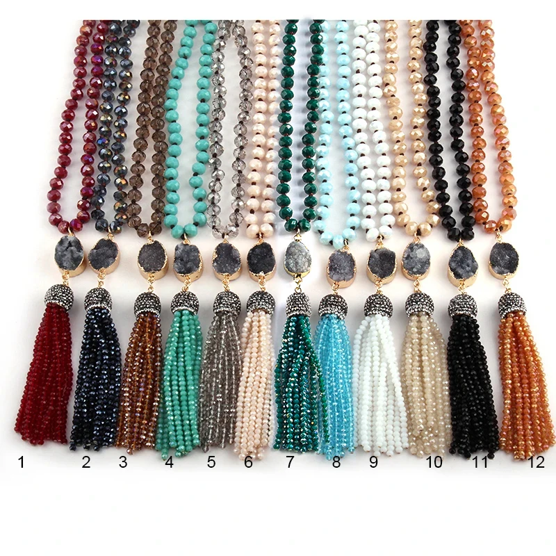 Fashion Bohemian Tribal Jewelry Multi Glass Knotted Druzy Link Crystal Tassel Necklaces Women Ethnic Necklace 24 color choose